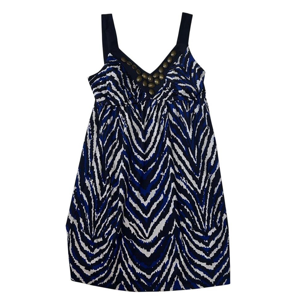 Inc Petite Blue & White Zebra Print Sleeveless Dress W/ Gold Studs medium 1714